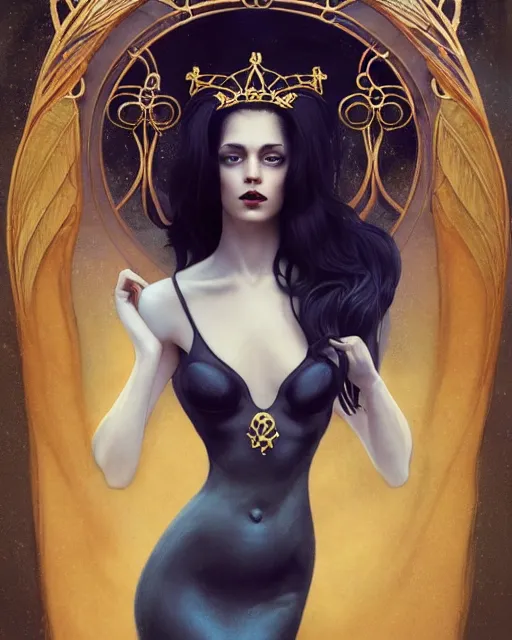 Prompt: a beautiful dark androgynous mermaid, pinup pose, long hair, tall and thin, wearing dozens of pendants and a gown of gold, small delicate crown of the sea on her head, illustration, symmetry accurate features, volumetric light clouds, ultra realist soft painting, (art nouveau), octane render, 8k, HD, by Tom Bagshaw, Brom, Charlie Bowater, faces by otto schmidt