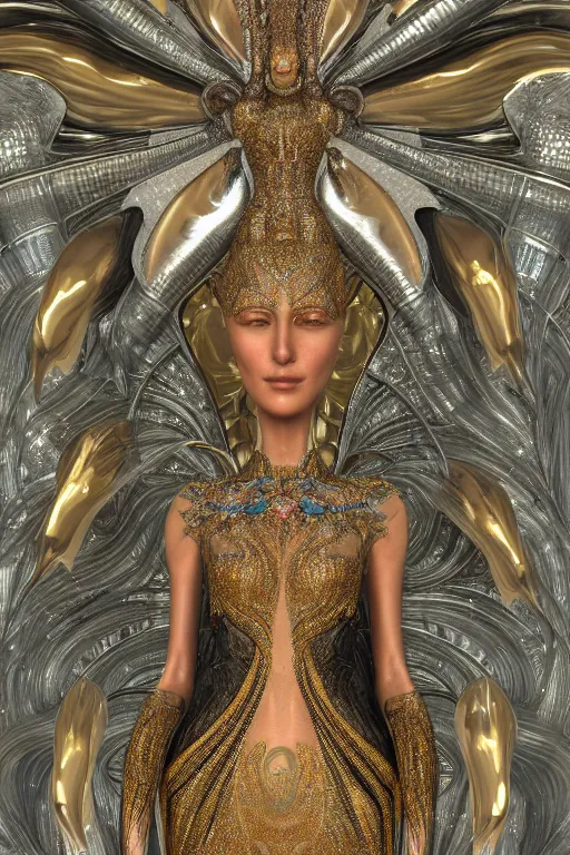 Prompt: a highly detailed metahuman 4 k close up render of an alien goddess bella hadid shiva in iris van herpen dress schiaparelli in diamonds swarovski and jewelry in style of alphonse mucha gustav klimt trending on artstation made in unreal engine 4