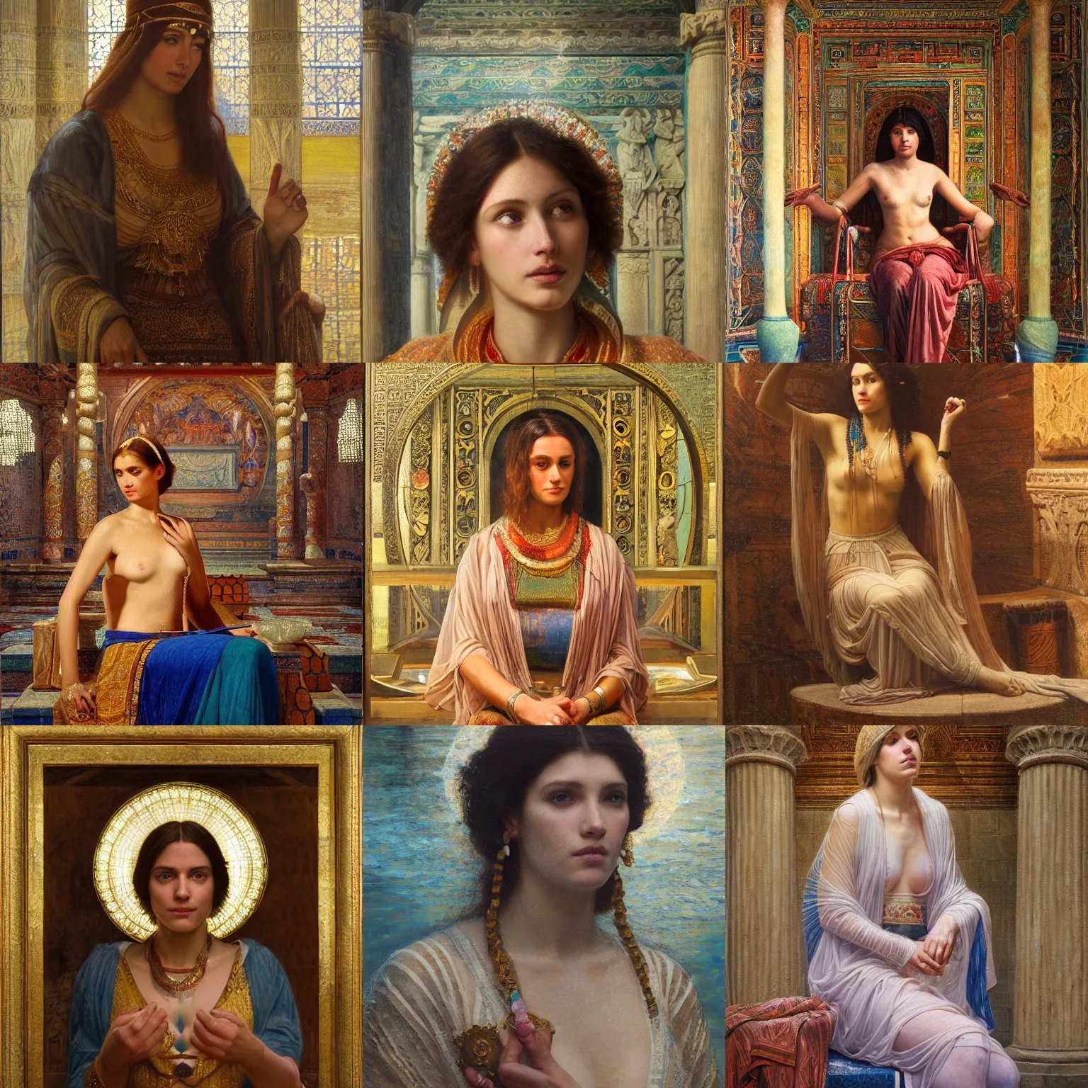 Prompt: portrait of a beautiful oracle in a temple of clear water by Edwin Longsden Long and Theodore Ralli and Nasreddine Dinet and Adam Styka, masterful intricate artwork. Oil on canvas, excellent lighting, high detail 8k
