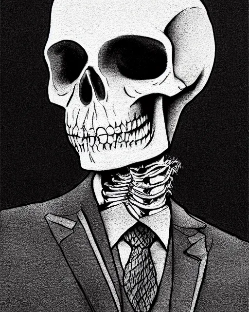 Image similar to dramatic line - art portrait of a skeleton in a suit, color glow, intense shading