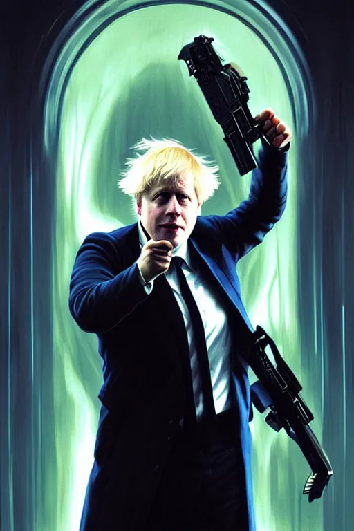 Image similar to Boris Johnson as Neo from The Matrix, portrait, highly detailed, digital painting, artstation, concept art, smooth, sharp focus, illustration, cinematic lighting, art by artgerm and greg rutkowski and alphonse mucha