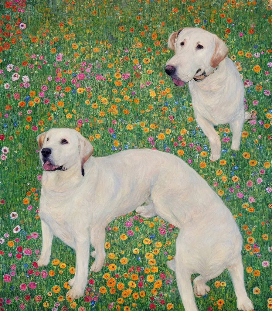 Prompt: A master painting of a happy large white labrador surrounded by a plethora of flowers, in the style of Klimt, trending on artstation