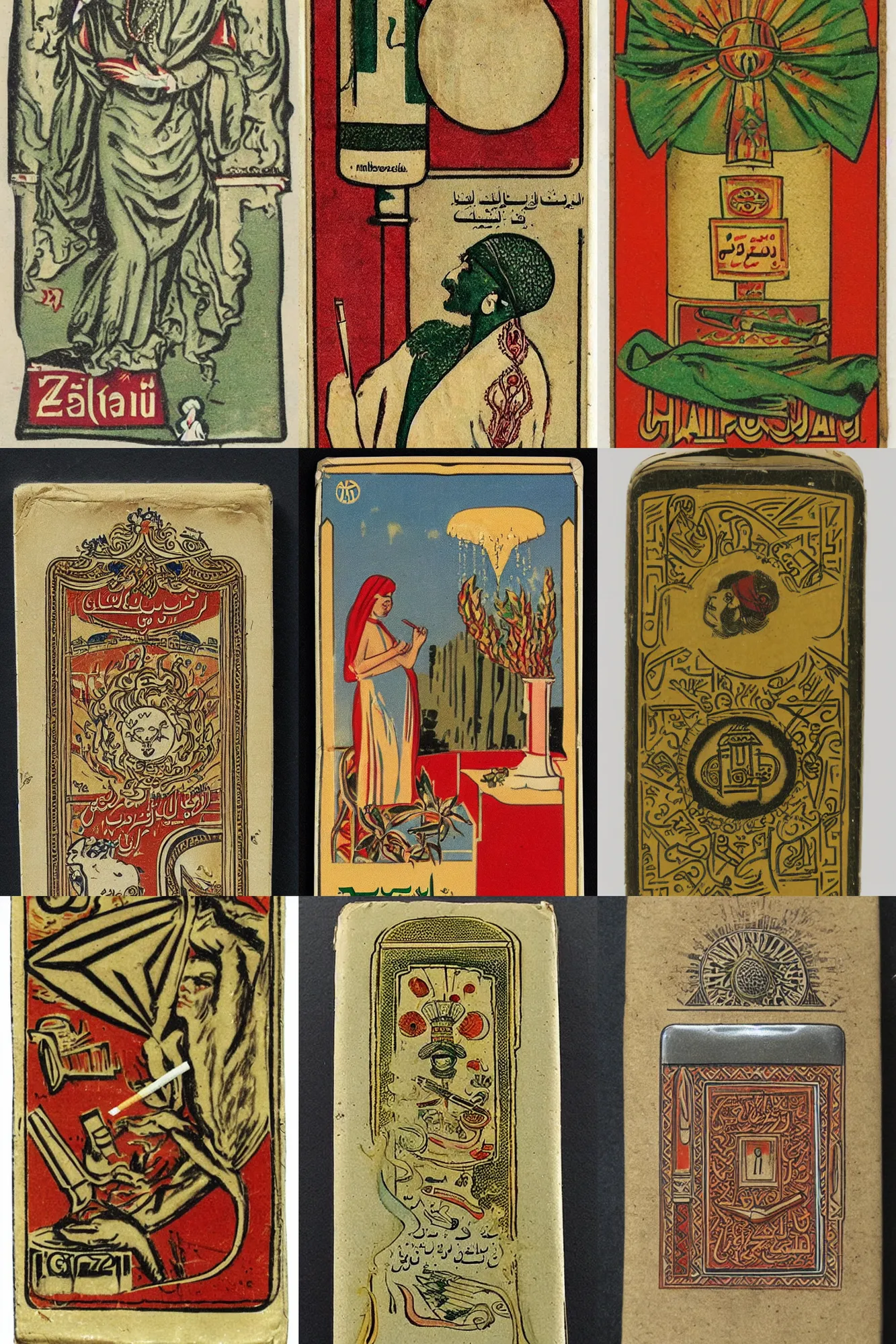 Prompt: design for a vintage cigarette pack from a zoroastrian!!!!! italy!!!!!