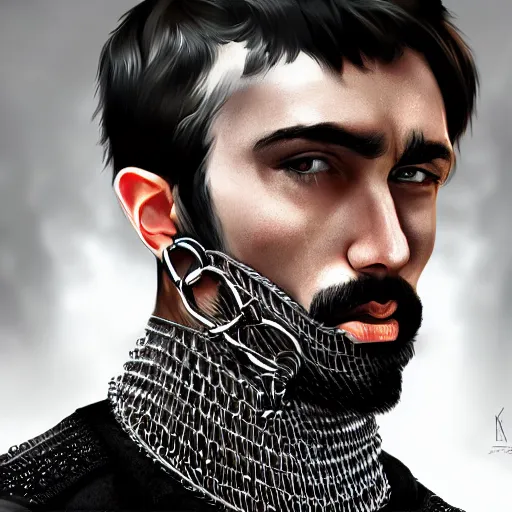 Image similar to realistic portrait, 30 year old man, spanish :: athletic, angered, short black hair :: chain mail, hauberk :: high detail, digital art, RPG, concept art, illustration