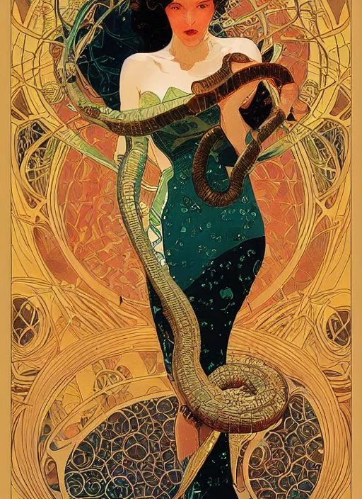 Prompt: an art nouveau illustration of a futuristic girl holding a snake by victo ngai, kilian eng, john berkey and norman rockwell