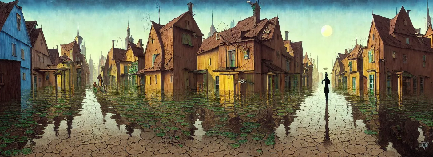 Image similar to flooded! old wooden empty cursed city street, very coherent and colorful high contrast masterpiece by gediminas pranckevicius rene magritte norman rockwell franz sedlacek, full - length view, dark shadows, sunny day, hard lighting, reference sheet white background