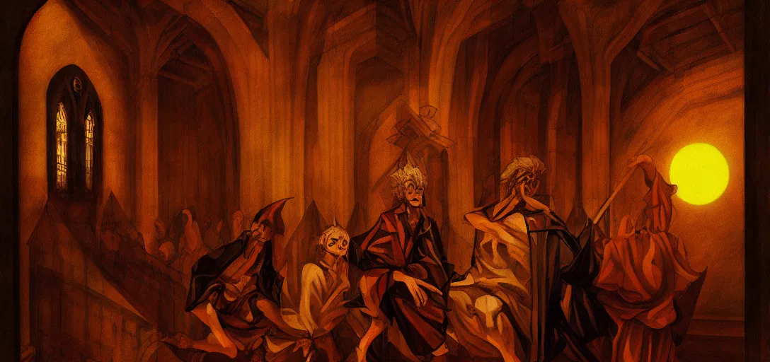 Image similar to baroque oil painting of anime satan in church, brutalist, dark fantasy, sunset, rule of thirds, digital cel shading, fake hidden detail