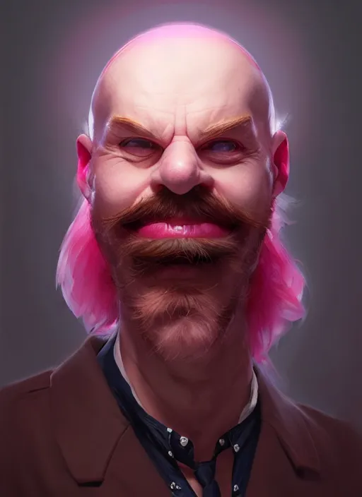 Image similar to portrait of dr robotnik, realistic, skinny, smile, ugly, defined jawline, big chin, pink hair bow, intricate, elegant, glowing lights, highly detailed, digital painting, artstation, sharp focus, illustration, art by wlop, mars ravelo and greg rutkowski