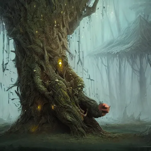 Prompt: living tree, in the shape of a rat with legs and yellow eyes, dark land, by greg rutkowski, trending on art station, highly detailed, magic the gathering, matte painting