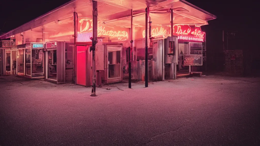 Image similar to an empty parking lout outside an abandoned retro diner at night, by lee madgwick and bastien lecouffe - deharme, pink and orange neon lights, highly detailed, photorealistic, artstation trending, cryenging 8 k uhd