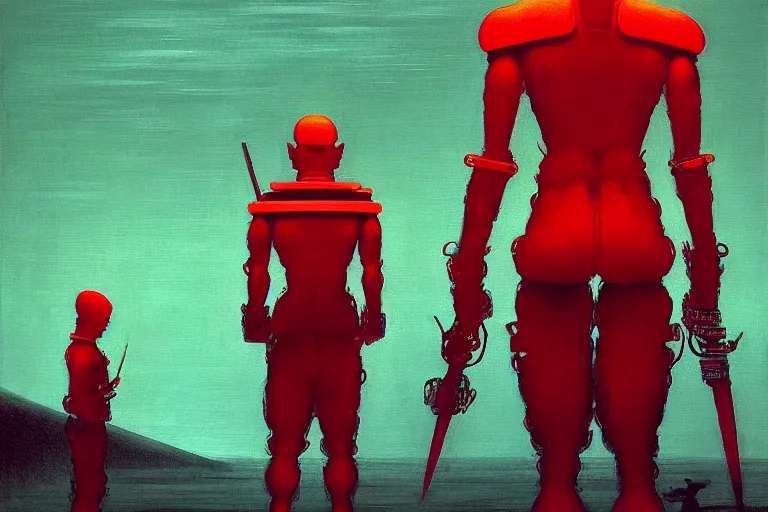 Image similar to only with red, a red samurai humanoid, tokio futuristic in background, yokai, in the style of beksinski, parts by edward hopper, parts by rodcenko, parts by yue minjun, intricate and epic composition, red by caravaggio, insanely quality, highly detailed, masterpiece, red light, artstation, 4 k