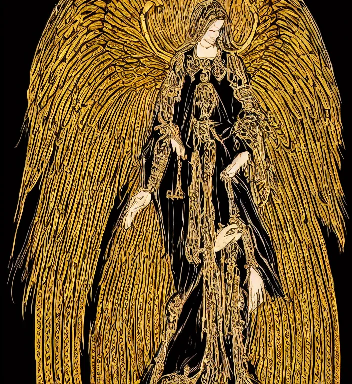 Image similar to full length picture of the angel of death wearing black robes with gold wings in an elaborate cathedral, high octane, 8k, ultra detailed, photorealistic