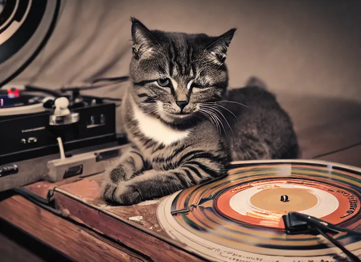 Image similar to photography of a Cat sitting on a record player. in a room full of vinyls and posters out of the 70's, photorealistic, raining award winning photo, 100mm, sharp, high res