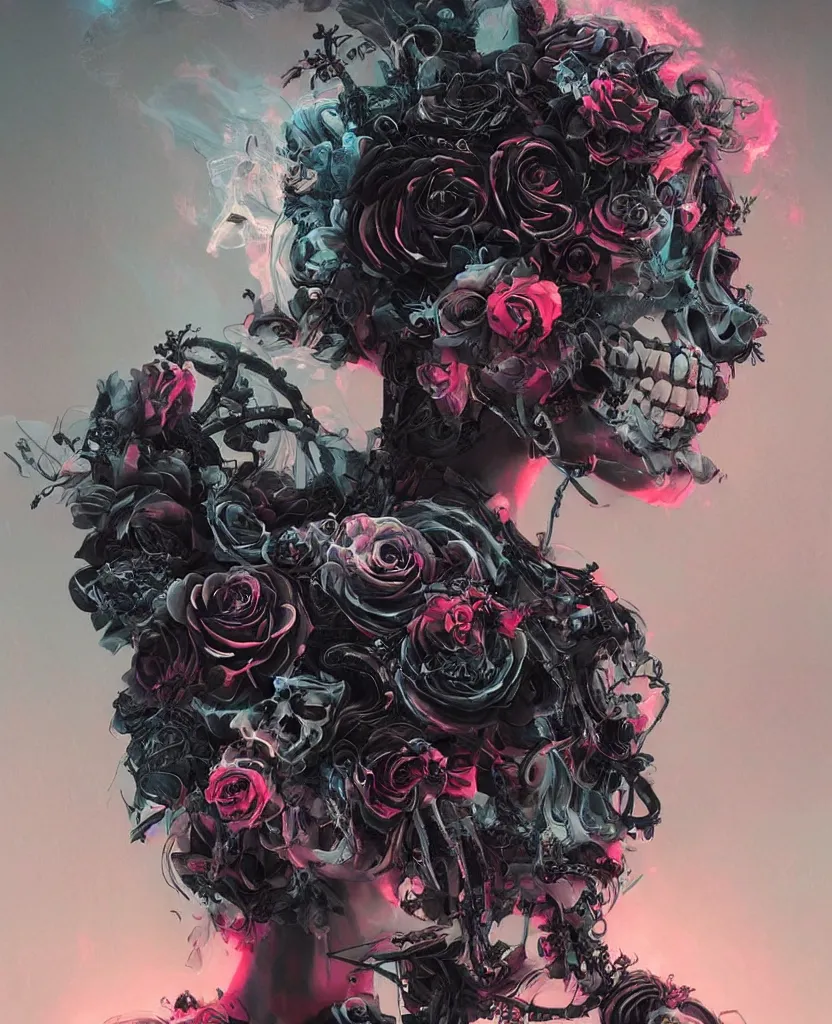 Image similar to a chaotic goddess of death skull black rose s day of the dead atmospheric, dramatic, Trending on artstation. augmentations and cybernetic enhancements neon circuits, greg rutkowski , hyperrealist, cinema4D, 8k highly detailed ❤️‍🔥 🔥 💀 🤖 🚀