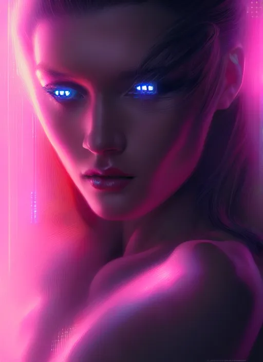 Image similar to portrait of female humanoid from 6 0 s era, intricate, elegant, cyber neon lights, highly detailed, digital painting, artstation, glamor pose, concept art, smooth, sharp focus, illustration, art by artgerm and greg rutkowski