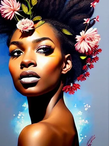 Image similar to portrait of a beautiful black woman with a floral background : : painted by artgerm, karol bak, artur bordalo, sandra chevrier : : portrait, character, illustration, hyperrealism, photorealism