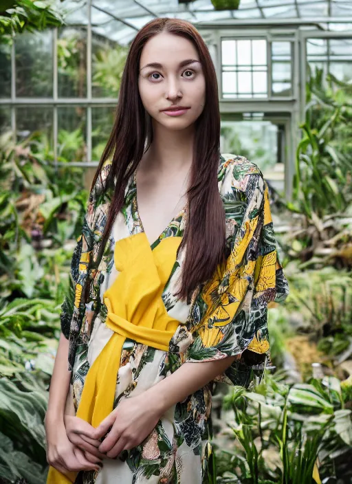 Image similar to portrait photograph of beautiful!!!! young female model, symmetric face!, symmetric eyes, slight smile, natural light, wearing a yellow kimono with a very detailed barn owl! on her shoulder in a tropical greenhouse. looking at the camera!!. super resolution. Extremely detailed. Graflex camera!, bokeh!!!!!.