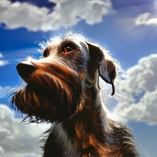 Prompt: an elderly, grey wire-haired dachshund floating in heaven, blue sky, surrounded by beautiful white clouds, with a halo over his head