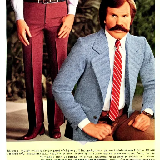 Prompt: shot from a 1 9 7 4 sears catalog of ron burgundy modeling mens clothing, high detail, photorealistic,