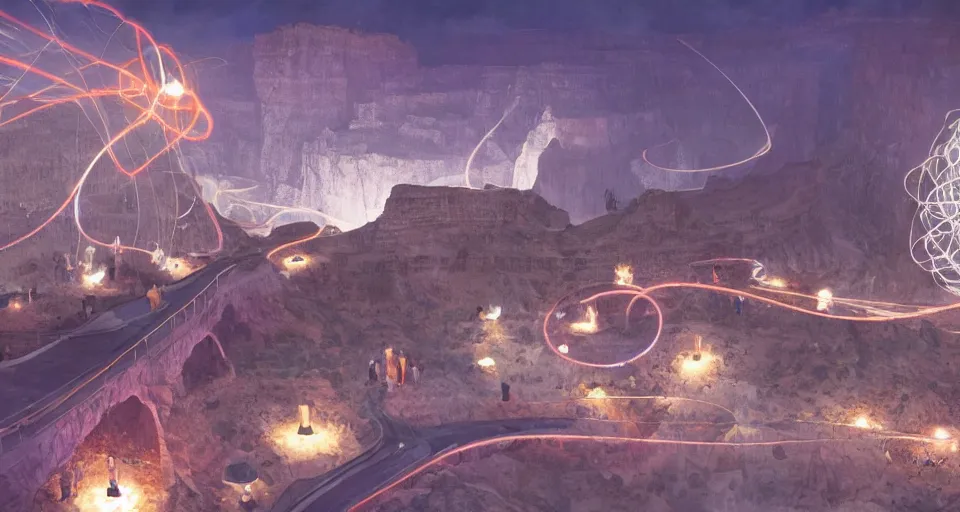 Image similar to night, a lot of people and a spiral - shaped white luminous attractor is floating in grand canyon, concept art, art for the game, professional lighting, art