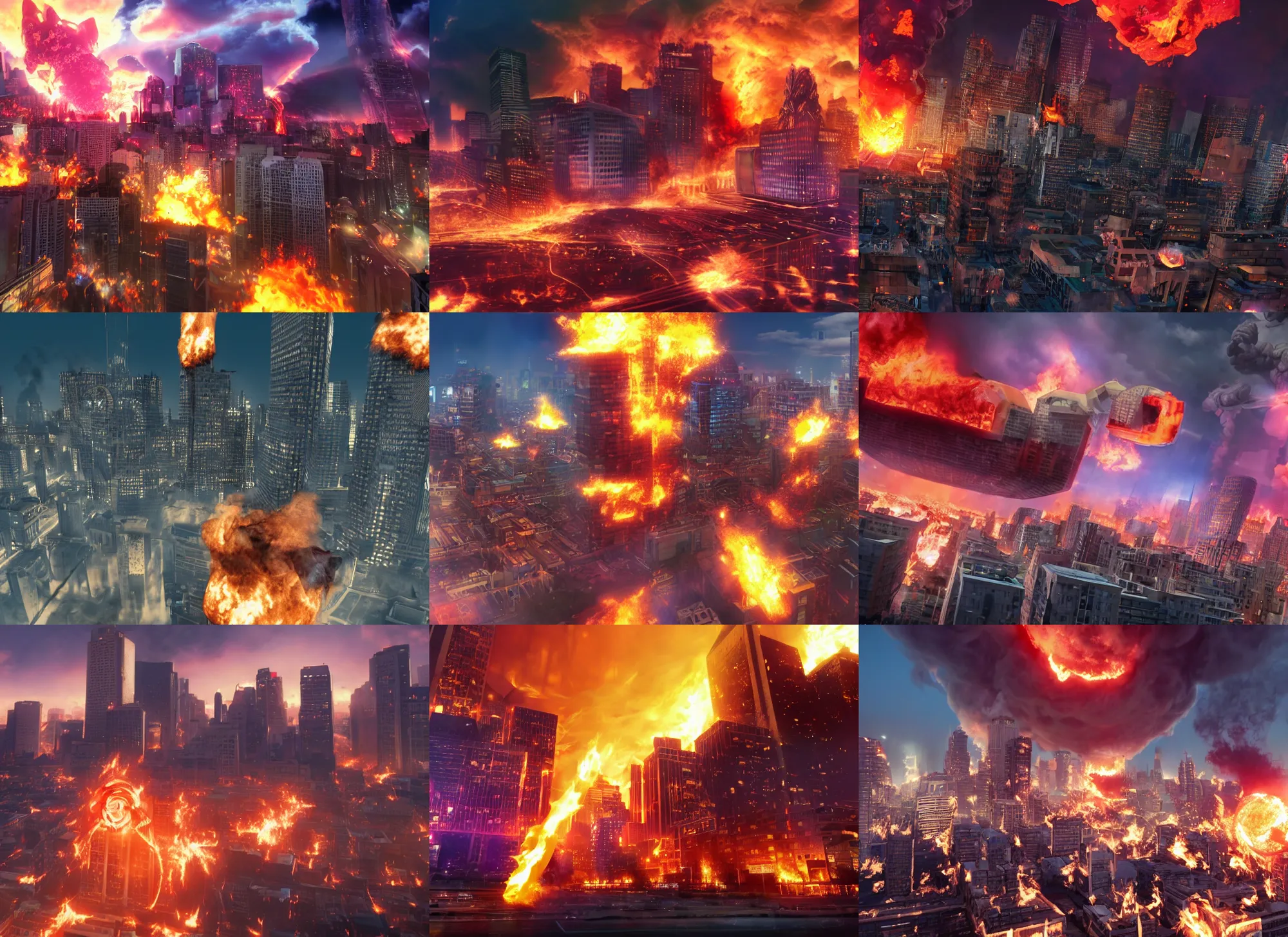 Prompt: photograph of a city skyline aflame. giant kirby is rampaging, destroying the city. photorealistic, 3 d render, fanart, action shot