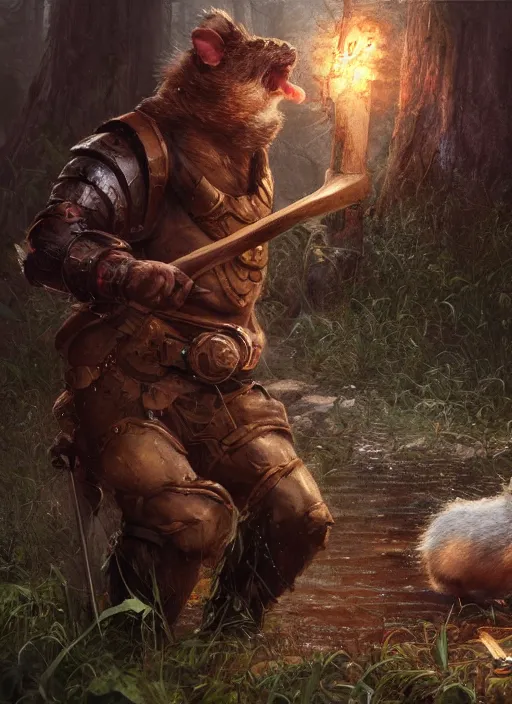 Prompt: Hamster beserker with an axe, eyes, DnD character, unreal engine, octane render, dramatic lighting, pond, digital art, by Stanley Artgerm Lau, greg rutkowski, thomas kindkade, alphonse mucha, loish, norman Rockwell