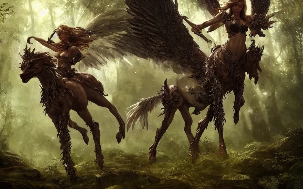 Prompt: A beautiful female centaur with four wings posing in a magical forest, bikini armour, hyper realistic beautiful face, fantasy art, in the style of greg rutkowski and Zeen Chin, illustration, epic, fantasy, intricate, hyper detailed, artstation, concept art, smooth, sharp focus