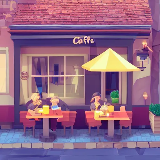 Prompt: beautiful cute cozy very little cafe on a cobblestone street, golden morning light, low poly, simple cartoon