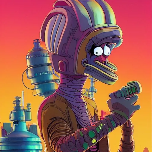 Image similar to akah 0 c 0 k futurama cyberpunk medium shot by gaston bussierre and charles vess and james jean and erik jones and rhads, inspired by rick and morty, epic, funny, huge scale, beautiful fine face features, intricate high details, sharp, ultradetailed