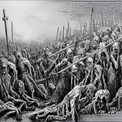 Image similar to zombies among 9 steel barrels in a graveyard, creepy atmosphere, dark, realistic, illustration by gustave dore