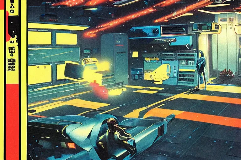 Image similar to 1979 OMNI Magazine Cover of a garage war-room in neo-Tokyo in cyberpunk style by Vincent Di Fate