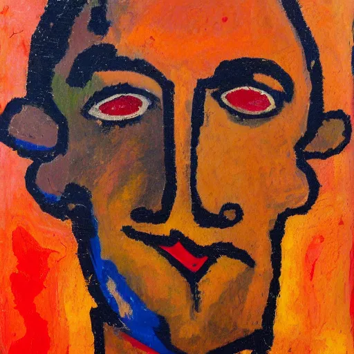 Image similar to an expressionism face portrait of a man used with Impasto, dark oranges reds and yellows, note detailed