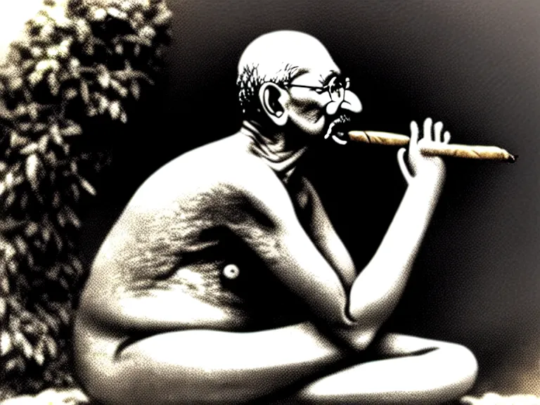 Image similar to side view of gandhi holding a cigar, sitting on a beach, next to a campfire, with palm trees and different types of beach animals parrot turtle lizard crab coconuts in the back