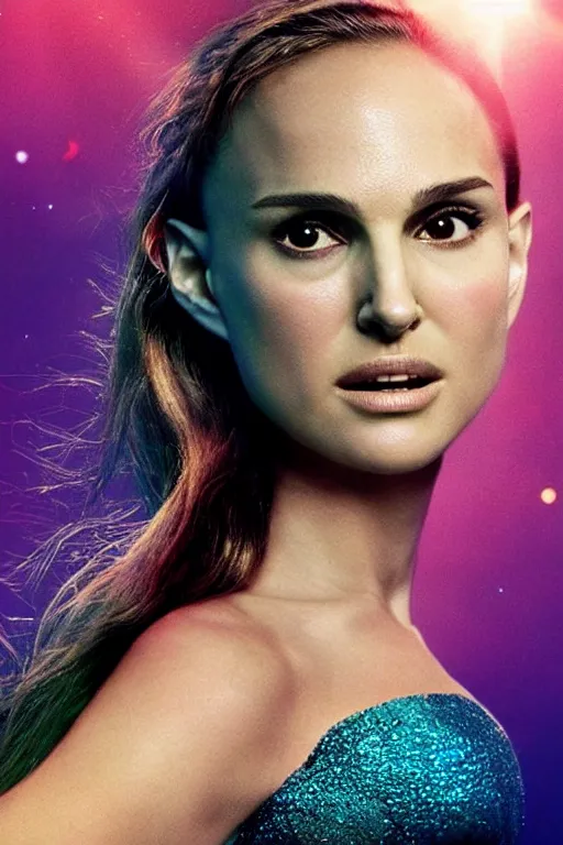 Image similar to Beautiful Poster of Natalie Portman as a mermaid, full body, cinematic lighting, starlit shining eyes