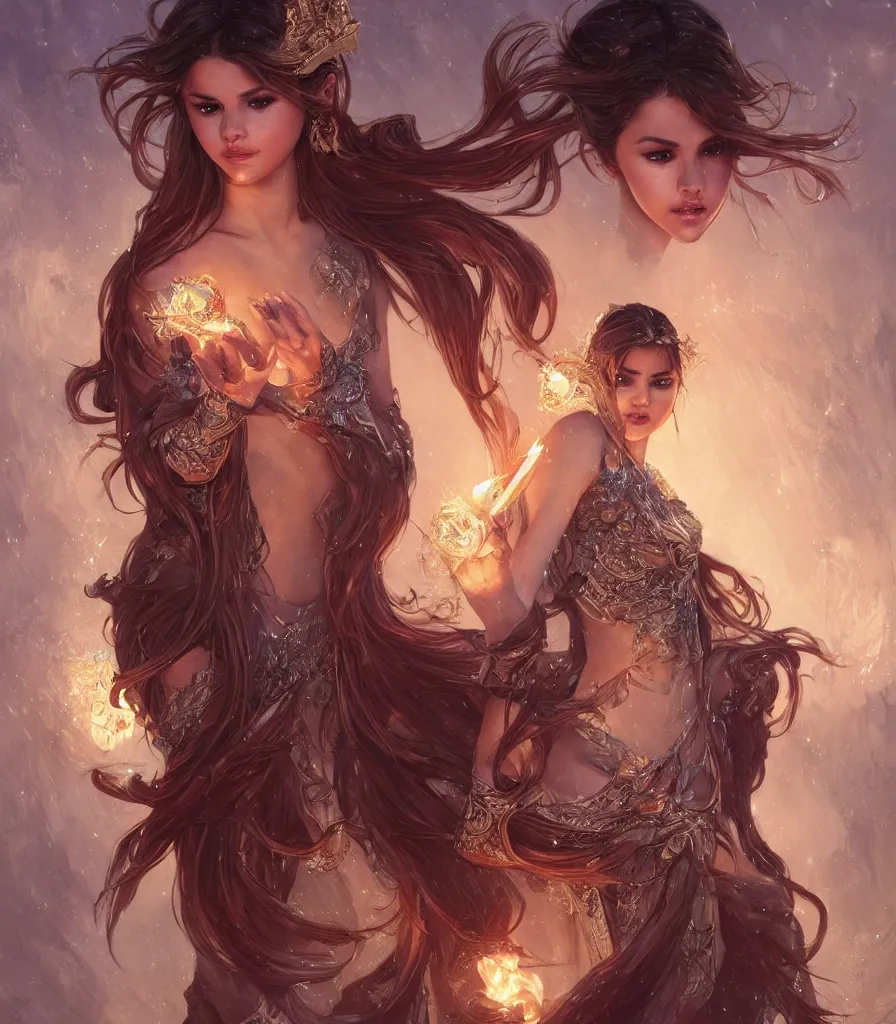 Image similar to Selena Gomez casting an frost spell, D&D, fantasy, intricate, elegant, highly detailed, digital painting, artstation, concept art, matte, sharp focus, illustration, hearthstone, art by Artgerm and Greg Rutkowski and Alphonse Mucha