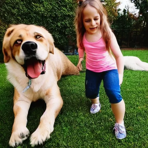 Prompt: a beautiful girl playing with you her giant dog