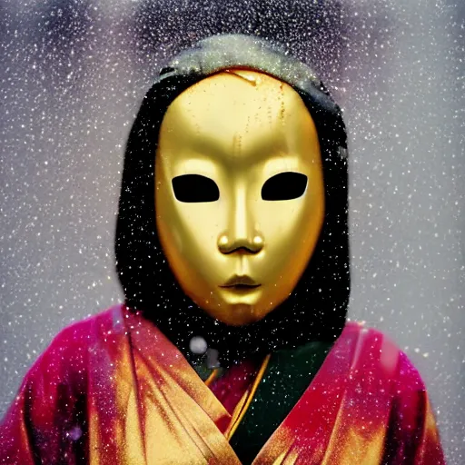 Image similar to japanese female black balaclava mask with golden necklace and open kimono, art noveau, fresco by michaelangelo, photo portrait, beautiful female model, tokyosky, female sitting on skyscreapper, rain, city neon light, bokeh, long exposure, kodak promax 4 0 0, sony lens, golden fractals and dmt