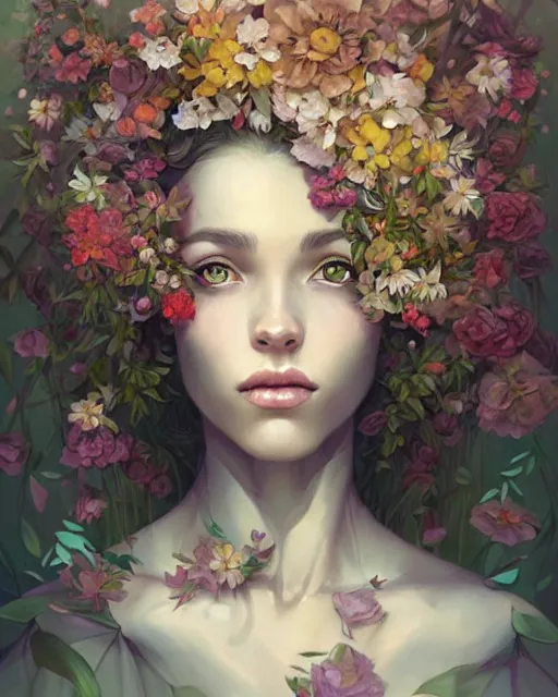 Prompt: portrait of a woman made of flowers, overgrown beauty portrait, stylized art by artgerm, wlop, peter mohrbacher