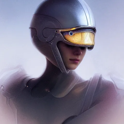 Prompt: pale skinned woman wears a metal helmet, fog, volumetric lighting, intricate, elegant, highly detailed, digital painting, artstation, concept art, smooth, sharp focus, illustration, art by artgerm and greg rutkowski and alphonse mucha