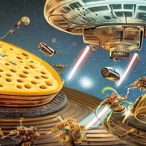 Image similar to a galactic enterprise of aliens boarding a ship of ranch and cheese while roping each other in on an adventure of ecstasy, 4 k, excellent detail, high detail, high quality, digital art, fueled by caffeine