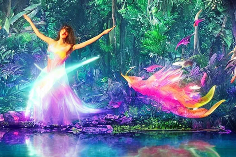 Prompt: ethereal glowing goddess dancing on a pond in the jungle surrounded by colorful glowing flying fish at night cinematic by Ridley Scott