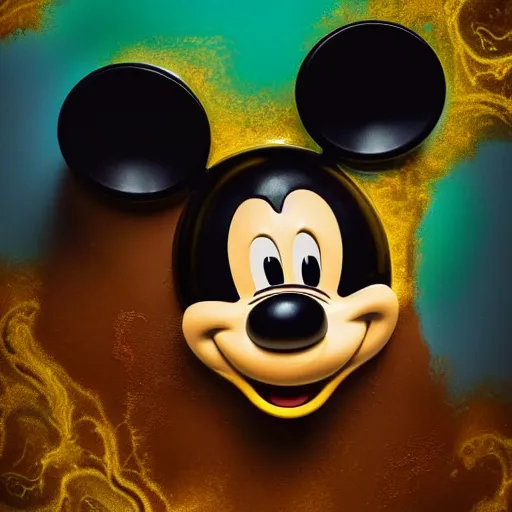 Prompt: mickey mouse head, fractal, broken, 1975, wet, mycelium, radiant alien, rococo, baroque, automotive, bio-mechanical, porcelain, iridescent, sub surface scattering, octane render