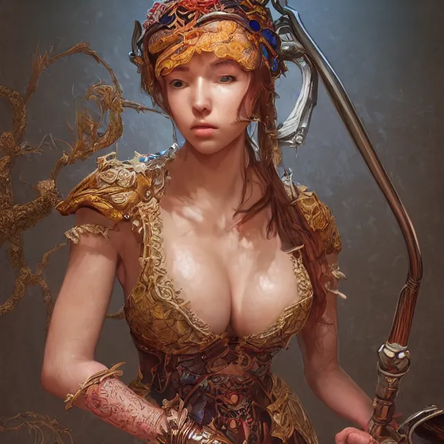 Image similar to studio portrait of neutral good colorful female cleric bard healer as absurdly beautiful, elegant, young sensual swimsuit model, ultrafine hyperrealistic detailed face illustration by kim jung gi, irakli nadar, intricate linework, sharp focus, bright colors, matte, octopath traveler, final fantasy, unreal engine highly rendered, global illumination, radiant light, intricate environment