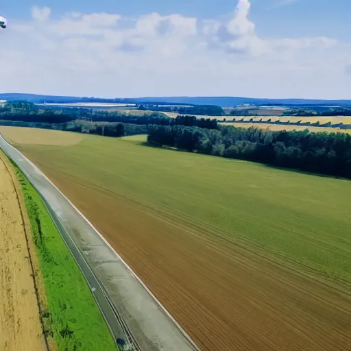 Prompt: drone footage of the large fields and an interstate highway in the countryside