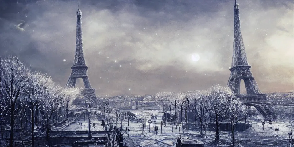 Image similar to nuclear winter, paris, near future, fantasy, sci - fi, hyper realistic, serene.