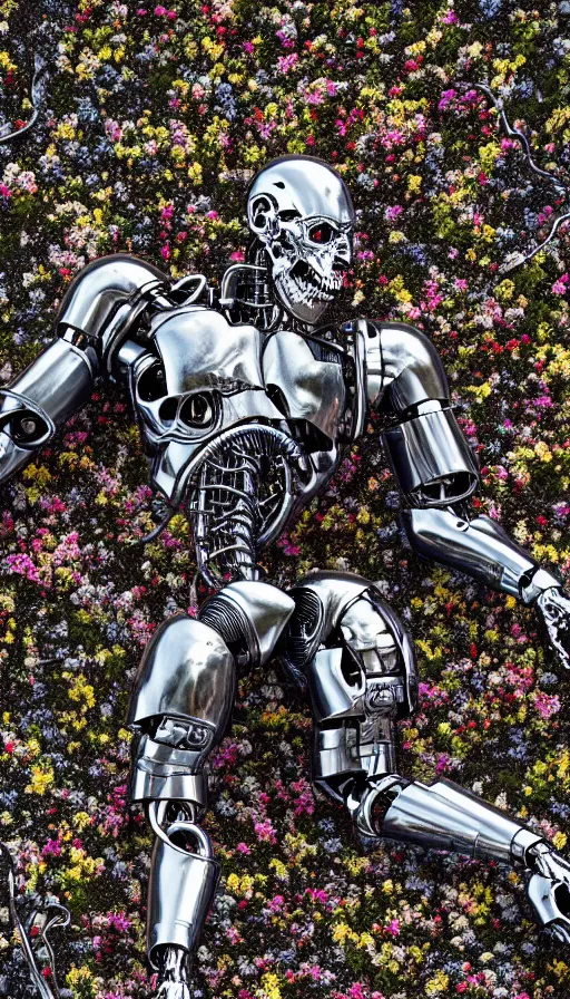 Image similar to destroyed terminator lying in a field of flowers, twisted metal, chrome, reflections, earth, terrible, anthropomorphic, photorealism, smoke, metal, 8 k, surreal, wires, smooth, sharp focus, top view, extremely detailed, ultra - realism, elegant, establishing shot, epic, by jeff koons, artgerm and greg rutkowski