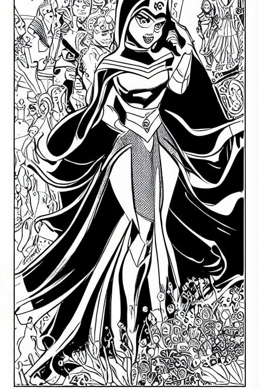 Prompt: princess superhero, disney, marvel, cape, dress, powerful, beautiful, in the coloring book style, black and white,