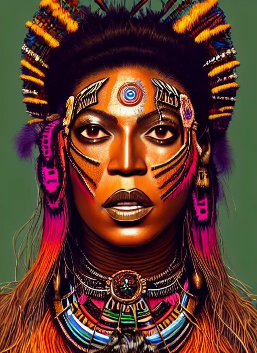 Prompt: portrait of beyonce, hyper detailed ultra sharp aztec shaman warrior. trending on artstation, warpaint aesthetic, bloodwave, colorful, psychedelic, ornate, intricate, digital painting, concept art, smooth, sharp focus, illustration, art by artgerm and greg rutkowski and h. r. giger, 8 k