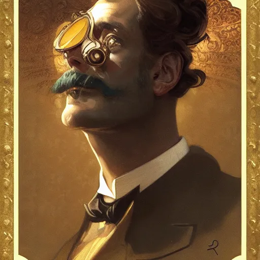 Image similar to portrait of a victorian gentleman with a monocle, fantasy, intricate, elegant, highly detailed, digital painting, artstation, concept art, smooth, sharp focus, illustration, art by artgerm and greg rutkowski and alphonse mucha