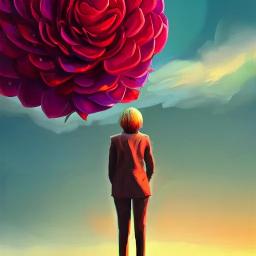 Image similar to giant rose flower head, frontal, girl in a suit, surreal photography, sunrise, dramatic light, impressionist painting, digital painting, artstation, simon stalenhag